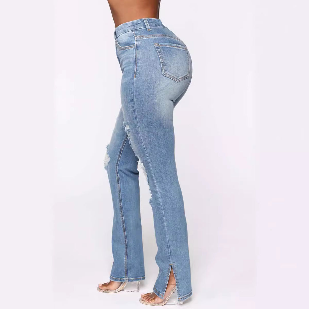 Dame High-Waist Jeans i moderne Destroyed-look Stilla