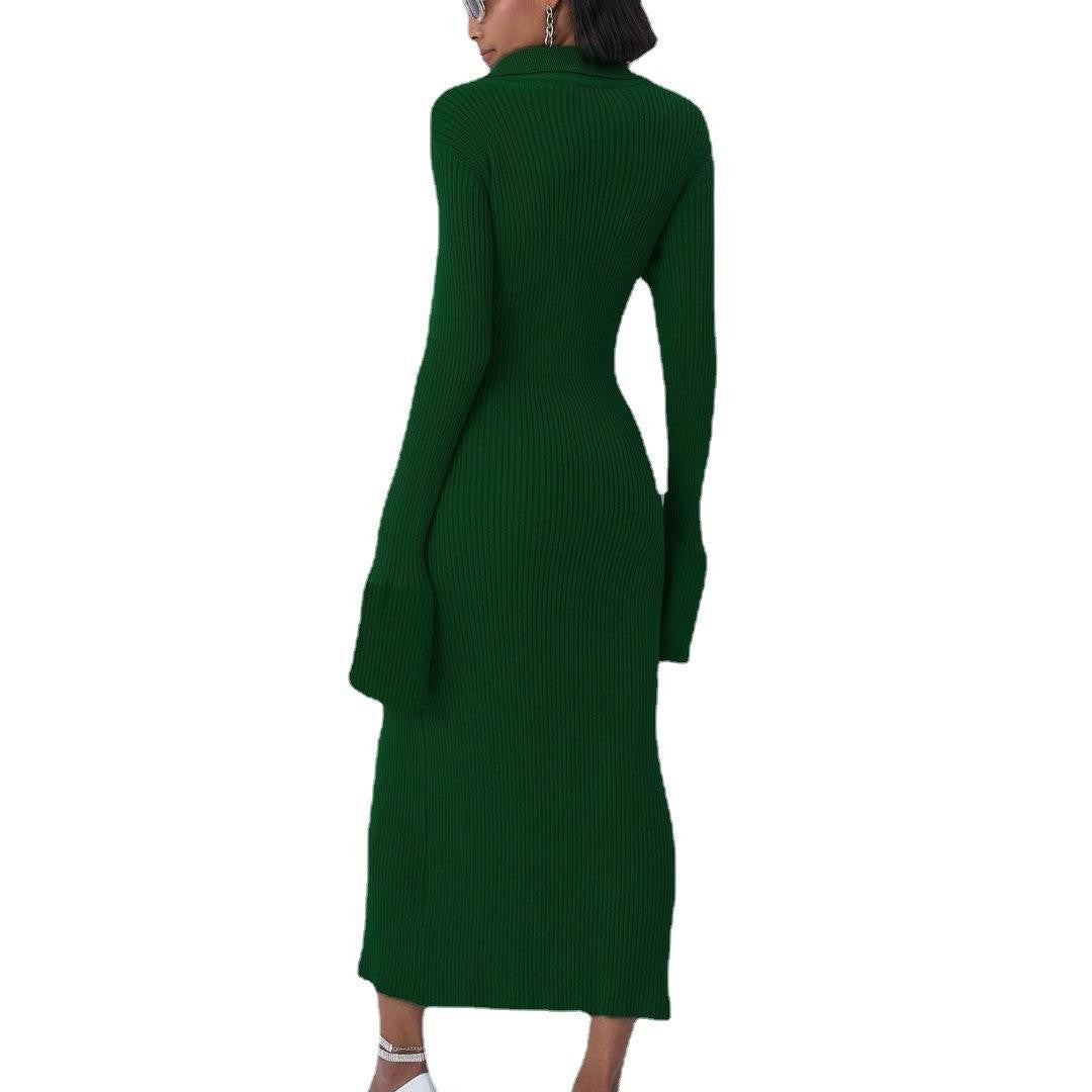 Dame strikkjole med knaplukning og elegante ærmer Stilla