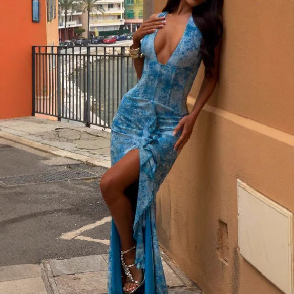Femme Halter Neck Højspræk A-Linje Maxi Kjole Stilla