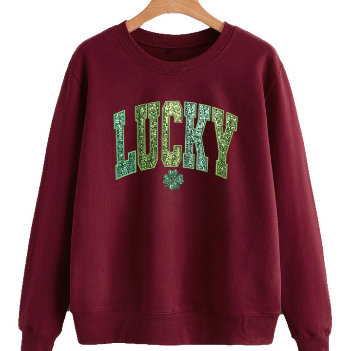 Dame casual sweatshirt med glitrende skrift og kløver motiv Stilla