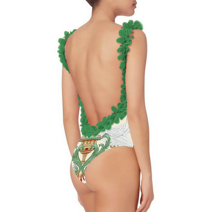 Dame badedragt-sæt med blomster-ruffle dekoration og elegant maxiskirt Skovae