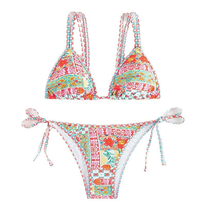 Dame triangel-bikini med rynker og farverigt blomster-mønster Skovae