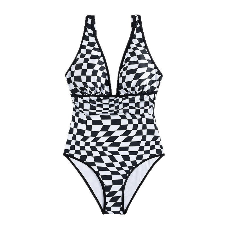 Dame one-piece badedragt med moderne skakbræt-mønster Skovae
