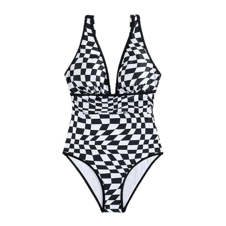 Dame one-piece badedragt med moderne skakbræt-mønster Skovae