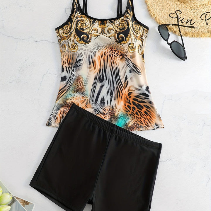 Dame Sportsligt Tankini-sæt med moderne Animal-Print og Boxershorts Skovae
