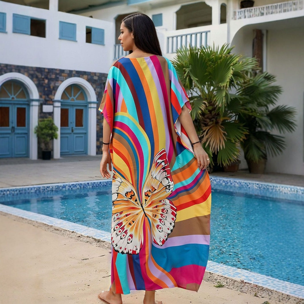 Dame Strandkaftan med farverigt sommerfugletryk Stilla