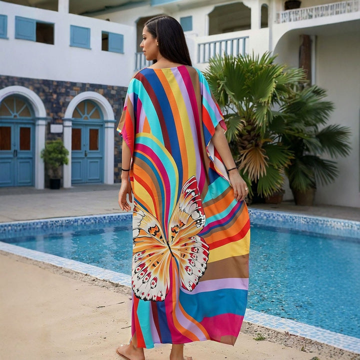 Dame Strandkaftan med farverigt sommerfugletryk Stilla