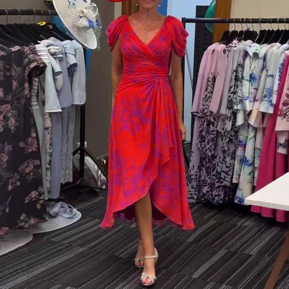 Dame nan festligt chiffon midikjole med krydset V-udskæring, taljeophækning og asymmetrisk tulipan skirt Skovae