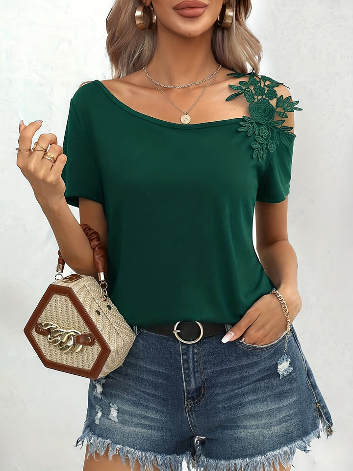 Dame uden skuldertop Jerseyshirt med floral spidsapplikation og løs pasform Skovae