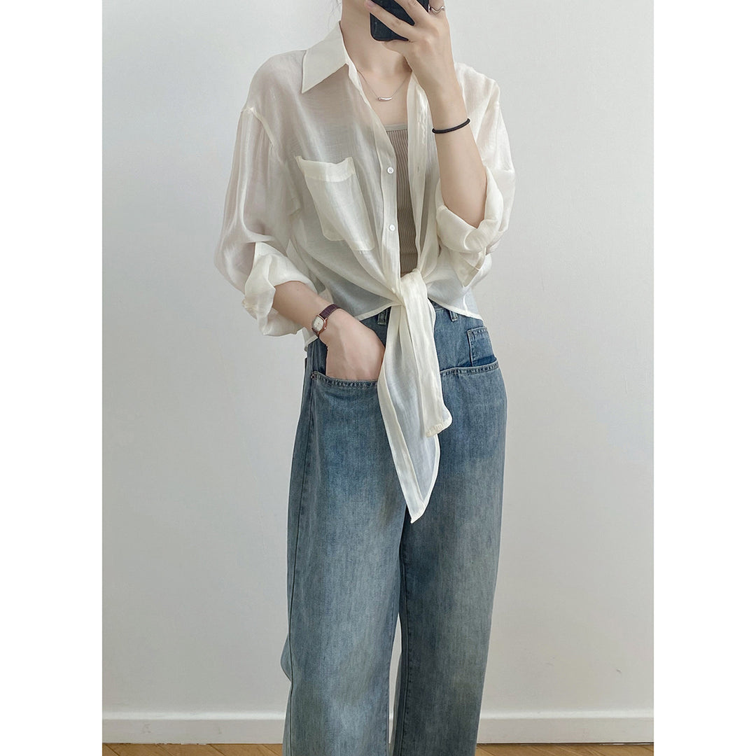 Dame elegant bluse med snoet kant og praktisk brystlomme Stilla