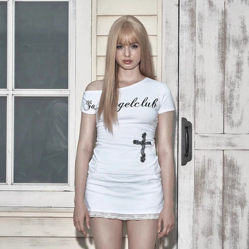 Dame Off-Shoulder T-Shirt med korsmotiv Skovae
