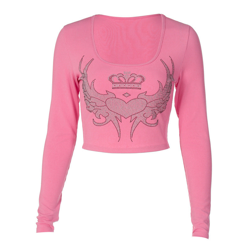 Dame trendy cropped langærmet skjorte med skinnende motiv Stilla