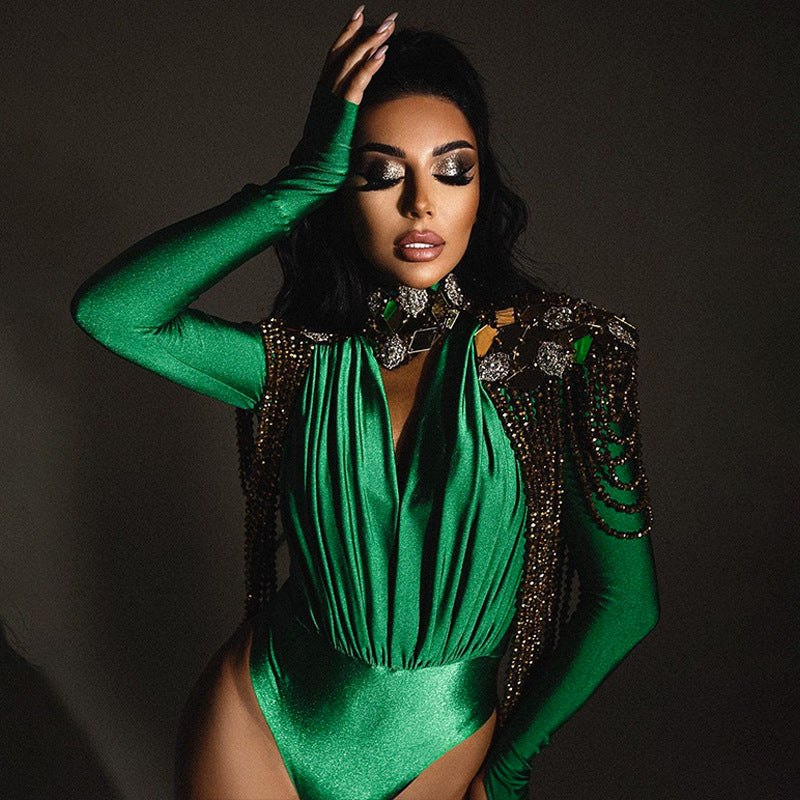 Dame Elegant Langærmet Bodysuit med højtstående Krave og gennemsigtig Indsats Stilla