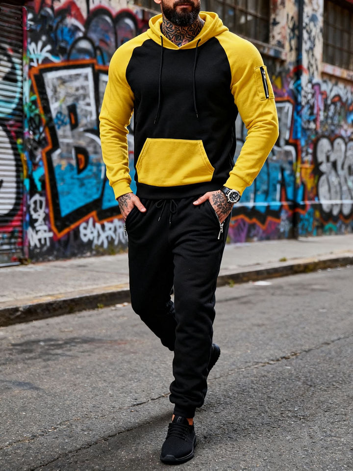 Herrer to-delt hætte-sweatset med raglanærmer, ærme-zip-lomme og tapered joggingbukser Skovae
