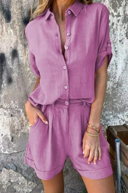 Dame Kort jumpsuit med elegant skjortekrave og taljebælte Skovae