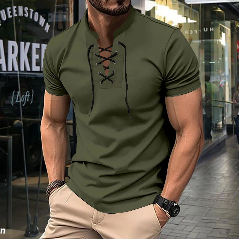 Herre kortærmet Henley-shirt med moderne snøringdesign Stilla