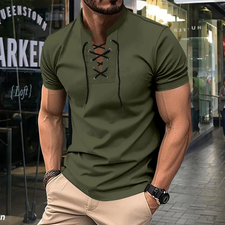 Herre kortærmet Henley-shirt med moderne snøringdesign Stilla