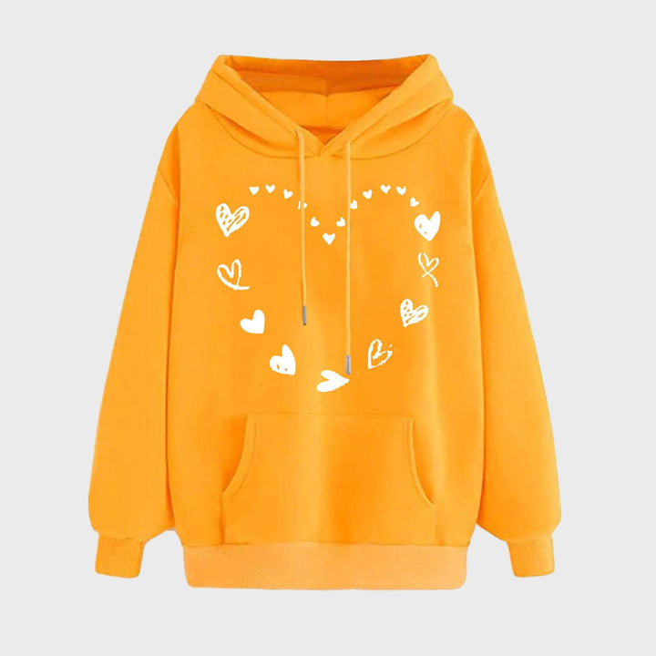 Dame hoodie med legende hjerte design og komfortabel kængurutaske Skovae