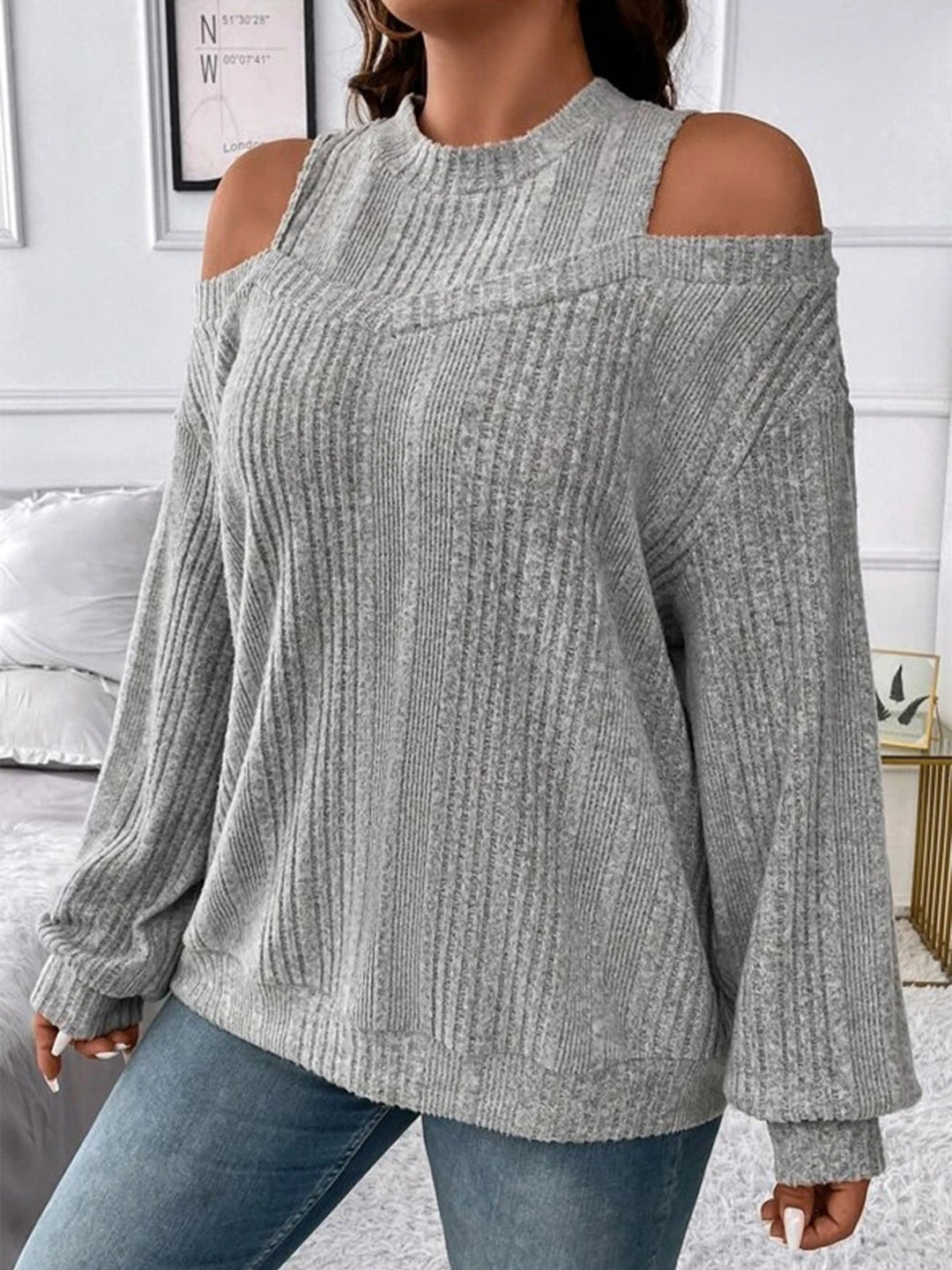 Dame Oversized Strikbluse med skulderudskæringer og ribstruktur Stilla