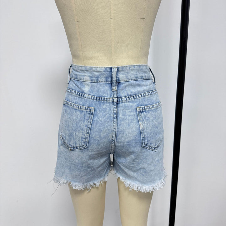 Dame Revnet Denim-Shorts med høj talje og afslappet kant Stilla