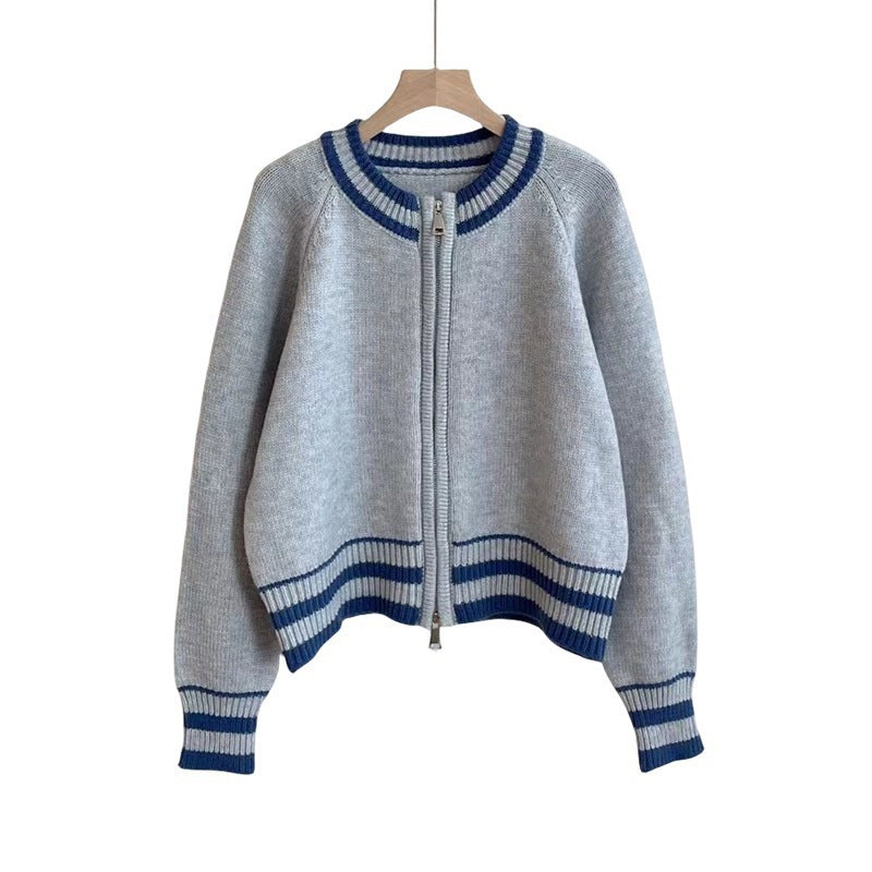 Damer mode strikket cardigan med lynlås og sporty stribemønster Stilla