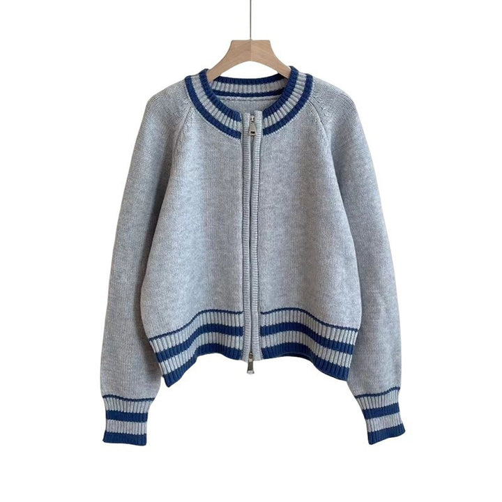 Damer mode strikket cardigan med lynlås og sporty stribemønster Stilla