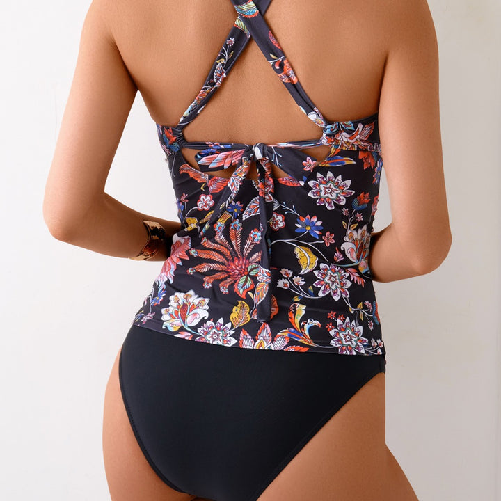 Dame Tankini-sæt med blomsteret top og højt skårne trusser Skovae