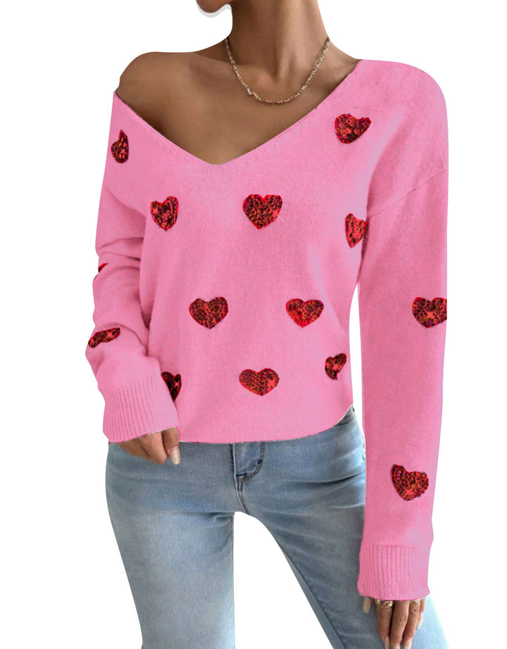 Kvindernes oversized sweatervest med dyb V-hals og hjerte motiv Stilla