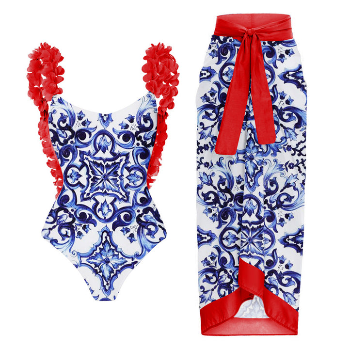 Damer Elegant badedragt med flæsedetaljer og matchende omslagsskirt Skovae