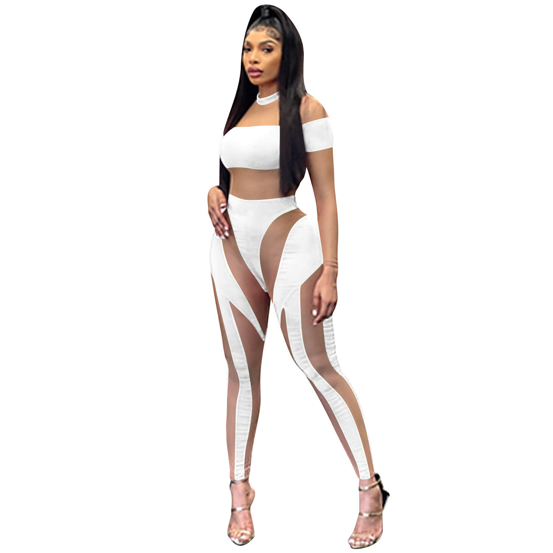 Dame Off-Shoulder Crop-Top og Leggings Sæt med transparente indsatser Stilla