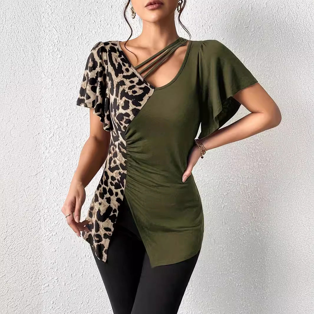Dame nan asymmetrisk Stretch-tunika med leopardprint-sidestykke og flere stropper Skovae