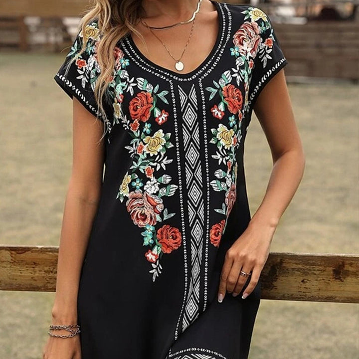 Dame sommerligt tunika-kjole med florale broderier Stilla