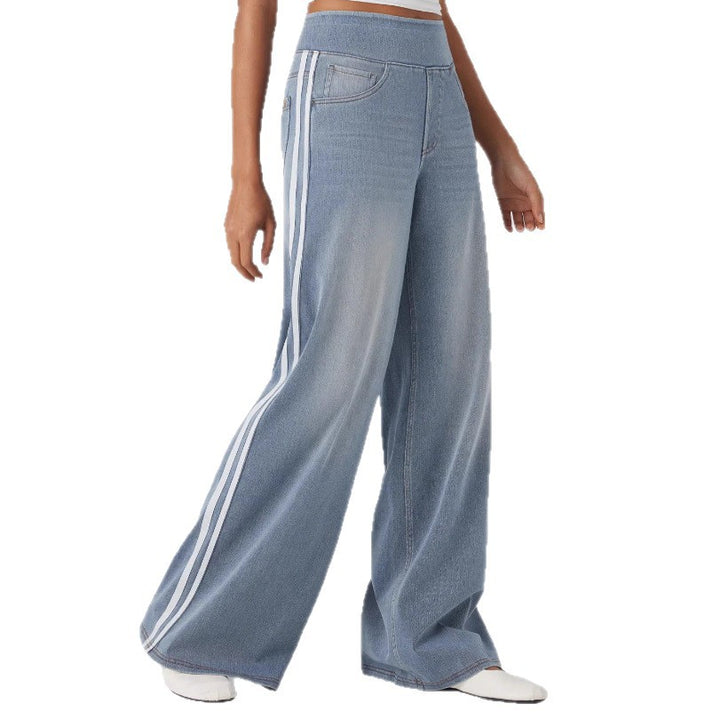 Dame nan brede Sweatpant i jeanslook med sidelange kontraststriber og komfortbånd Skovae