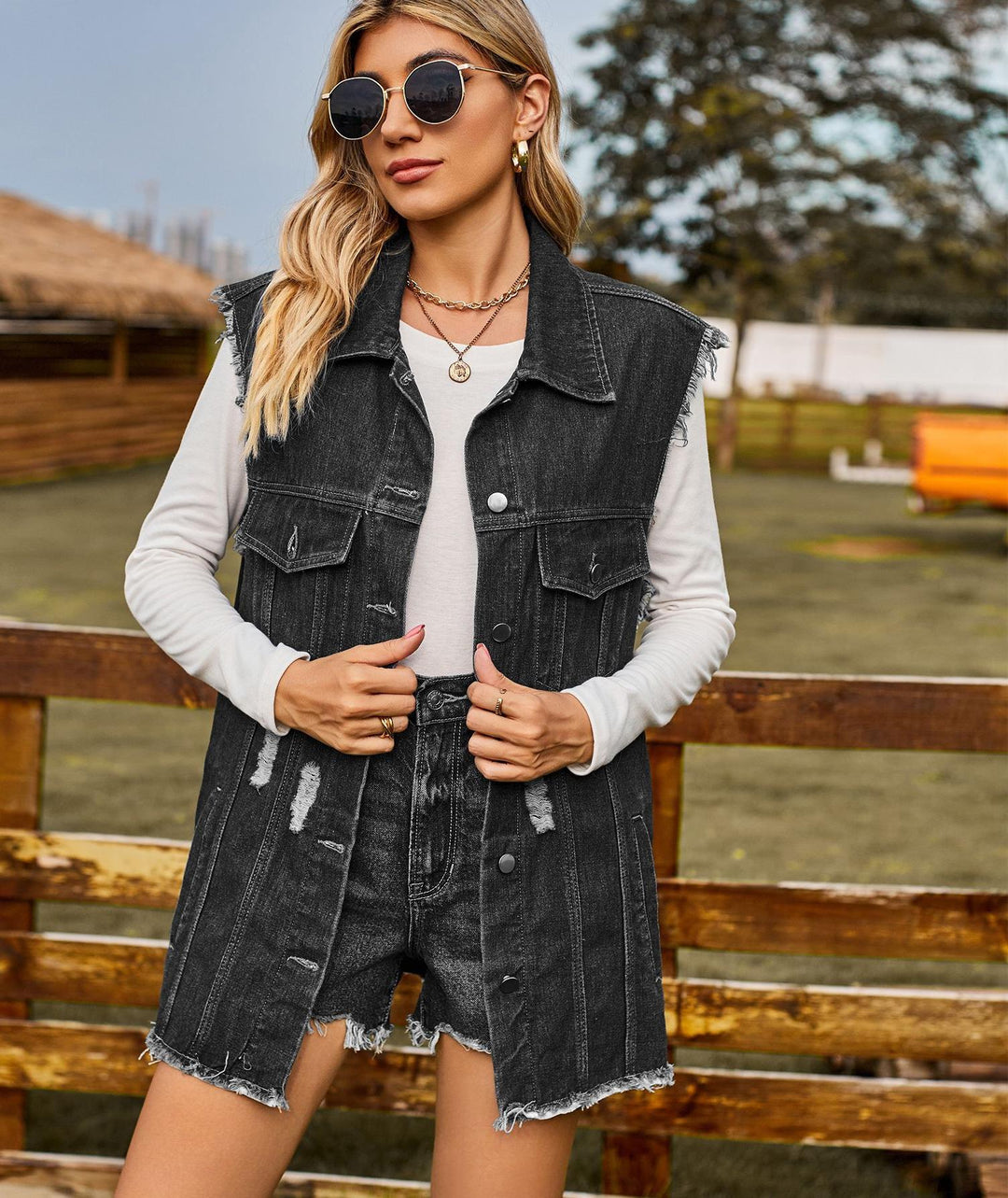 Dame Denim Veste i afslappet snit med frynser og praktiske lommer Stilla