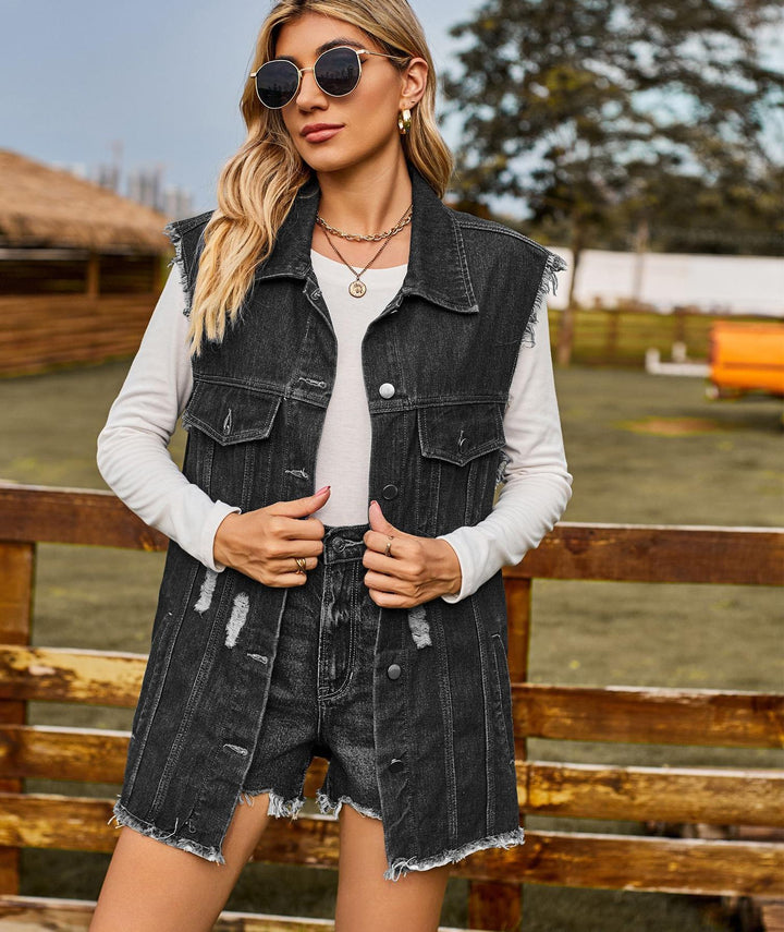 Dame Denim Veste i afslappet snit med frynser og praktiske lommer Stilla