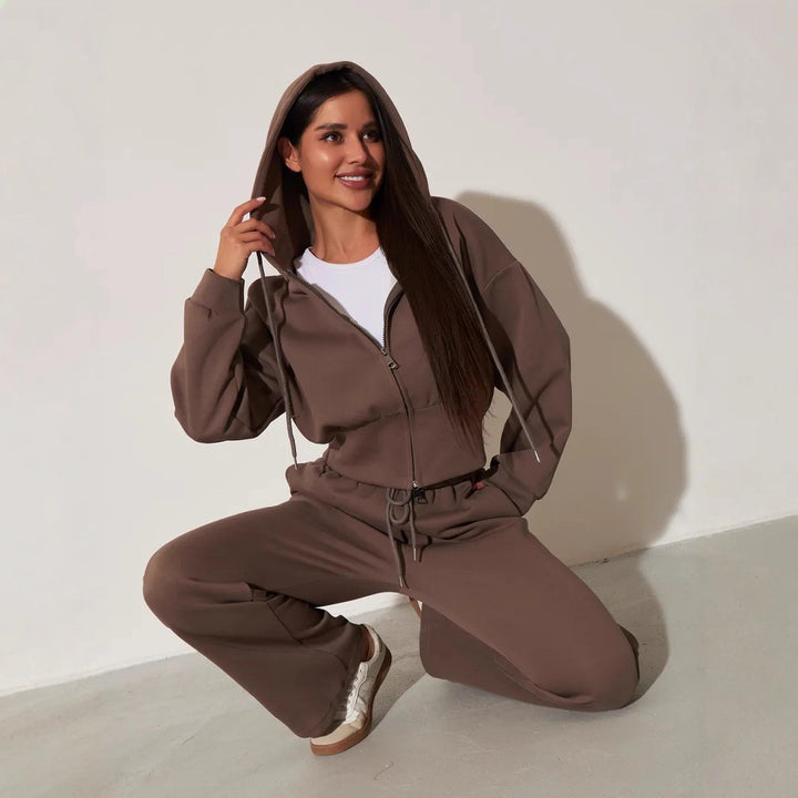 Kvinders afslappede hoodie top og brede sweatpants sæt med høj talje og lynlås Skovae