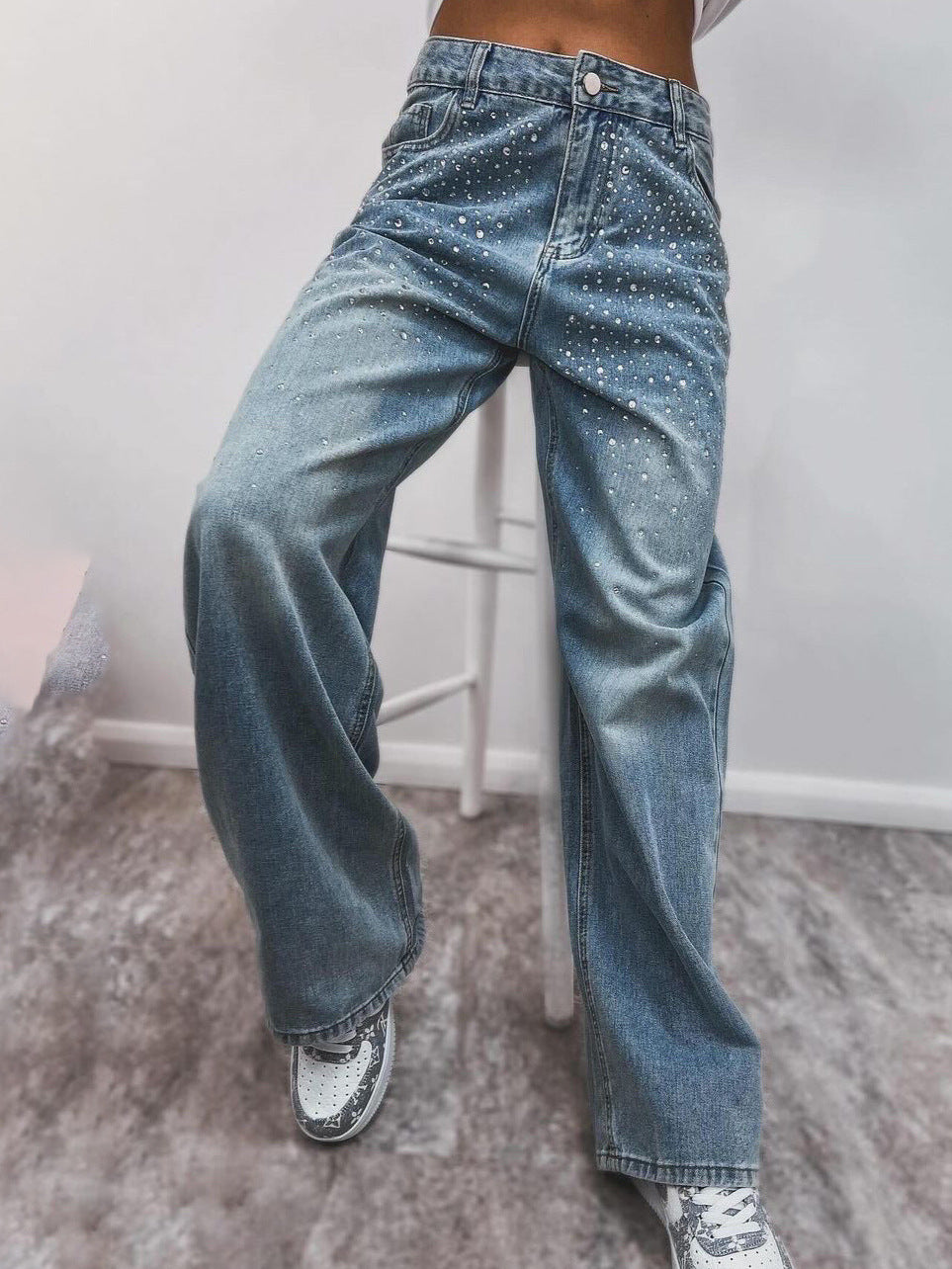 Damer elegante højtaljede jeans med glitrende detaljer Stilla