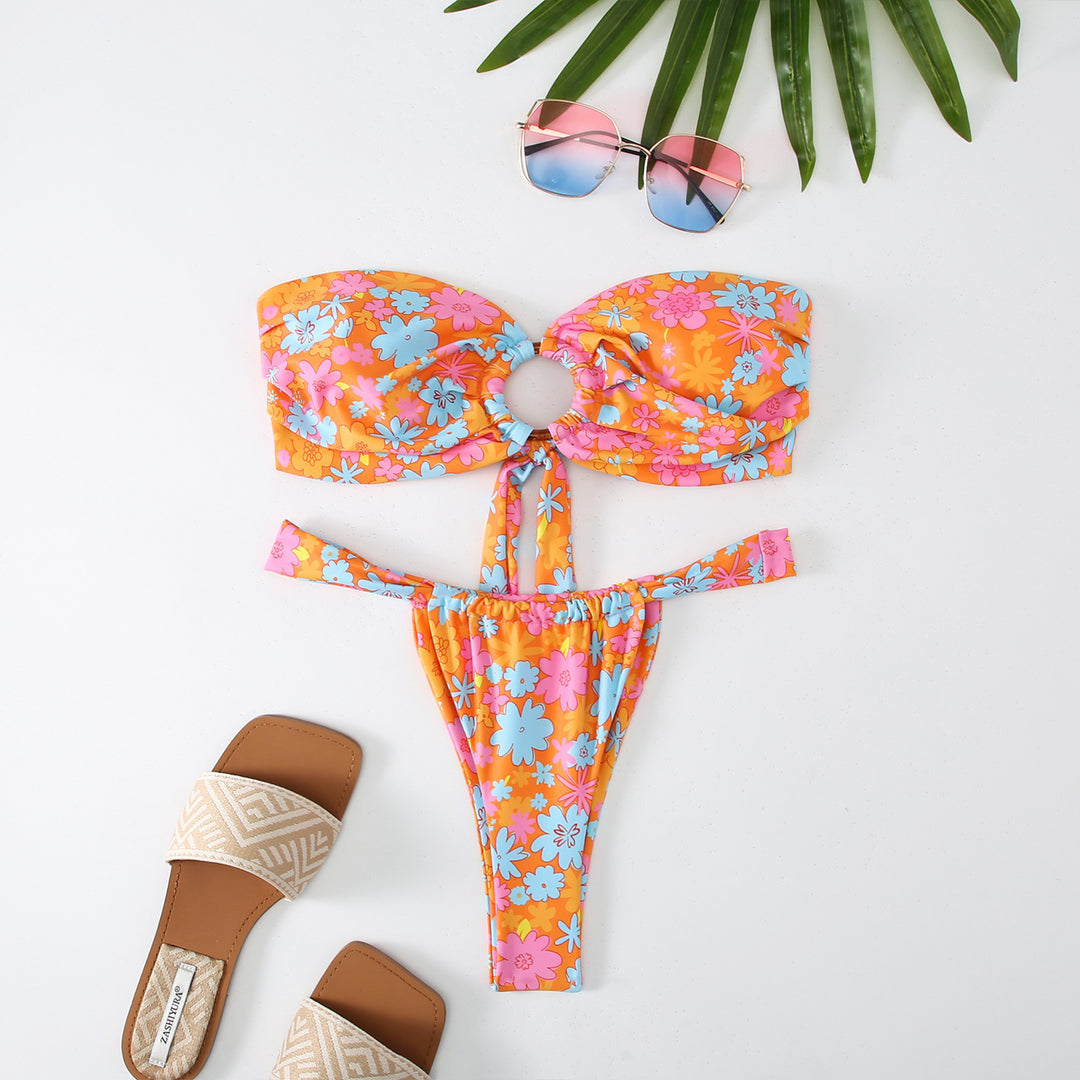 Dame Floral Print Bandeau Bikini Sæt Stilla
