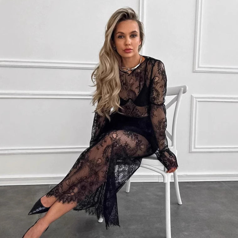Dame Elegant spidssnit dragt med gennemsigtige detaljer og figursyet snit Stilla