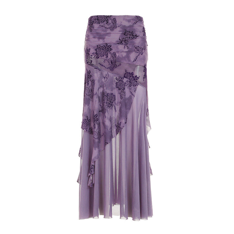 Damen asymmetrischer Maxirock mit floralen Details und transparenten Schichten Skovae