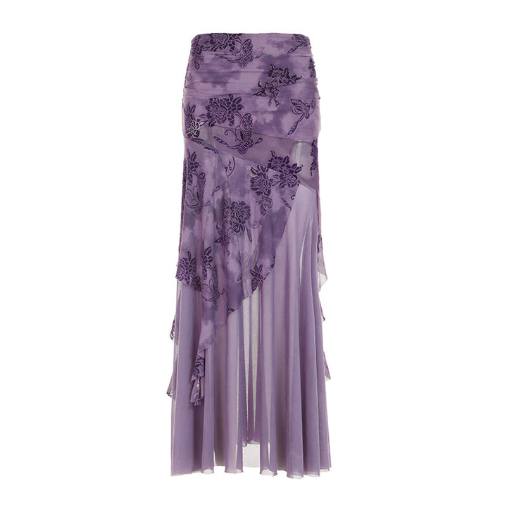 Damen asymmetrischer Maxirock mit floralen Details und transparenten Schichten Skovae