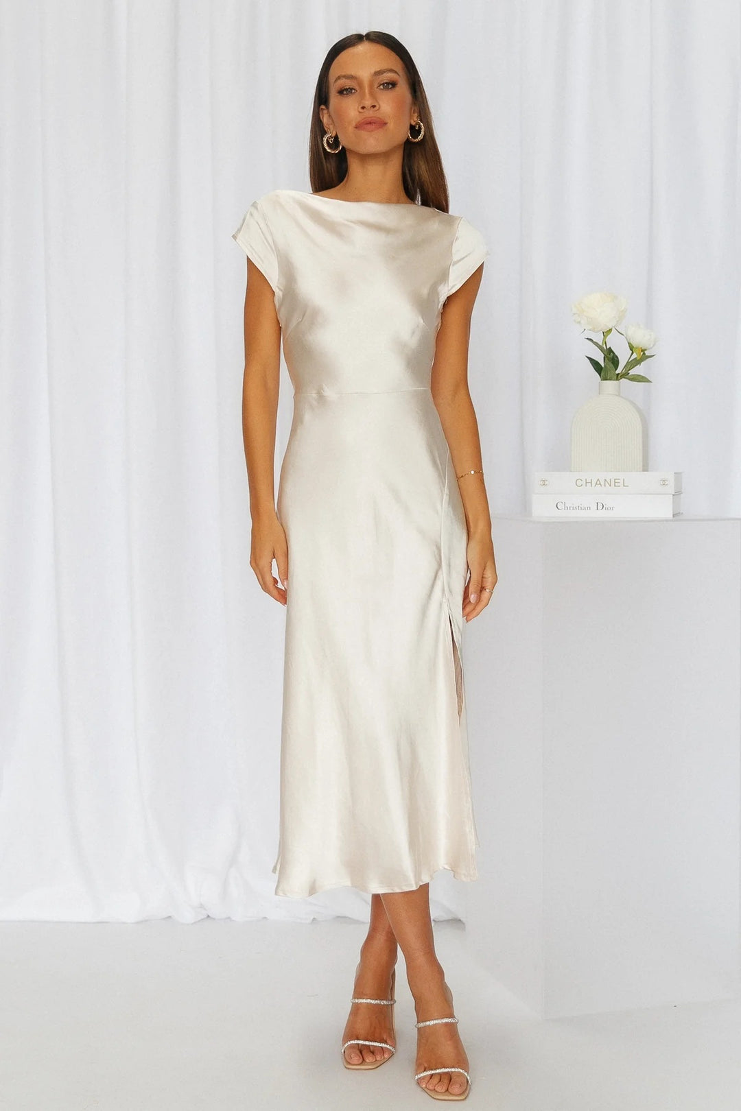 Dame Elegant Satin-Kjole med side Slids Stilla