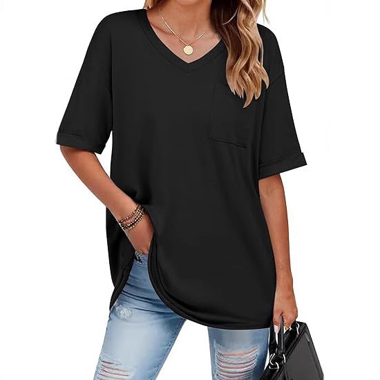 Dame V-hals T-shirt med praktisk brystlomme Stilla