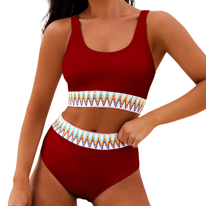 Dame højtaljet bikini-sæt med moderne stribet bånd Skovae