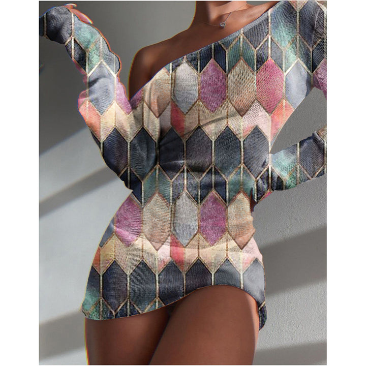Dame Off-Shoulder Mini-Kjole med geometrisk mønster og voluminøse ærmer Stiila