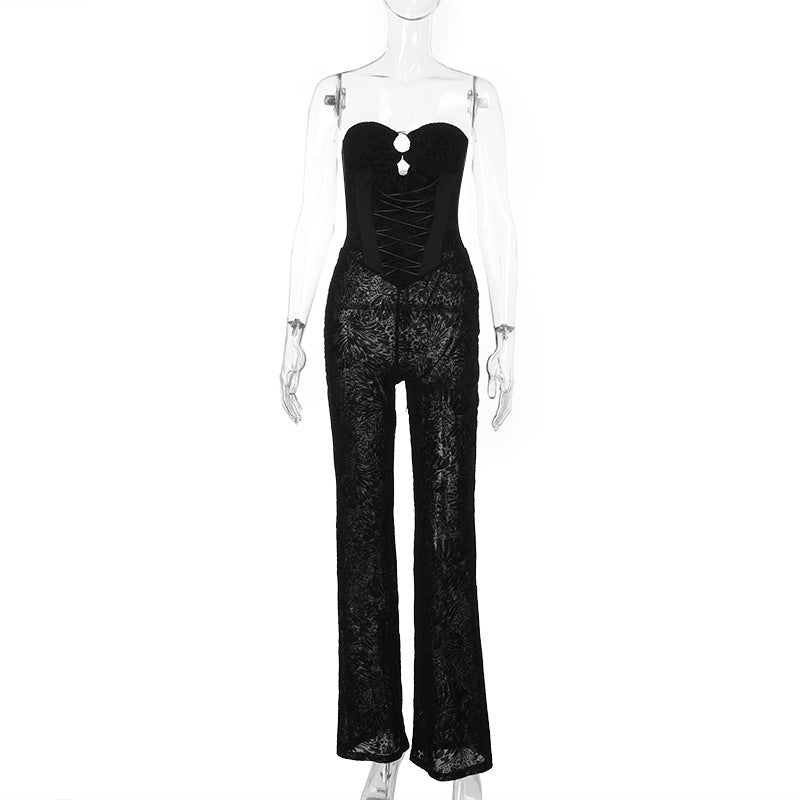 Dame elegant jumpsuit med struktureret spids og forførende udskæring Skovae