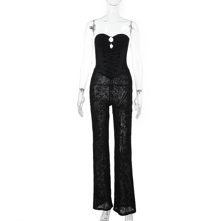 Dame elegant jumpsuit med struktureret spids og forførende udskæring Skovae