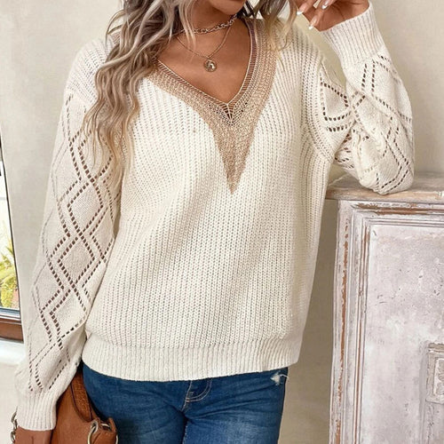 Dame strikket sweater med V-hals og klaplommer Stilla