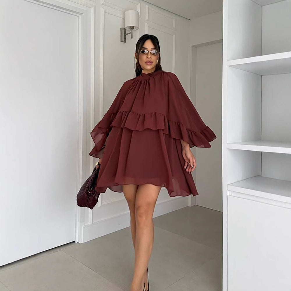 Dame Elegant Minikjole med voluminøs flæsekant og høj krave Stilla