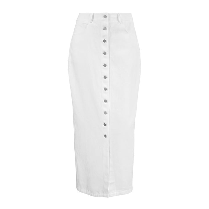 Dame lang denimnederdel med knapdetaljer og elegant deling Stilla